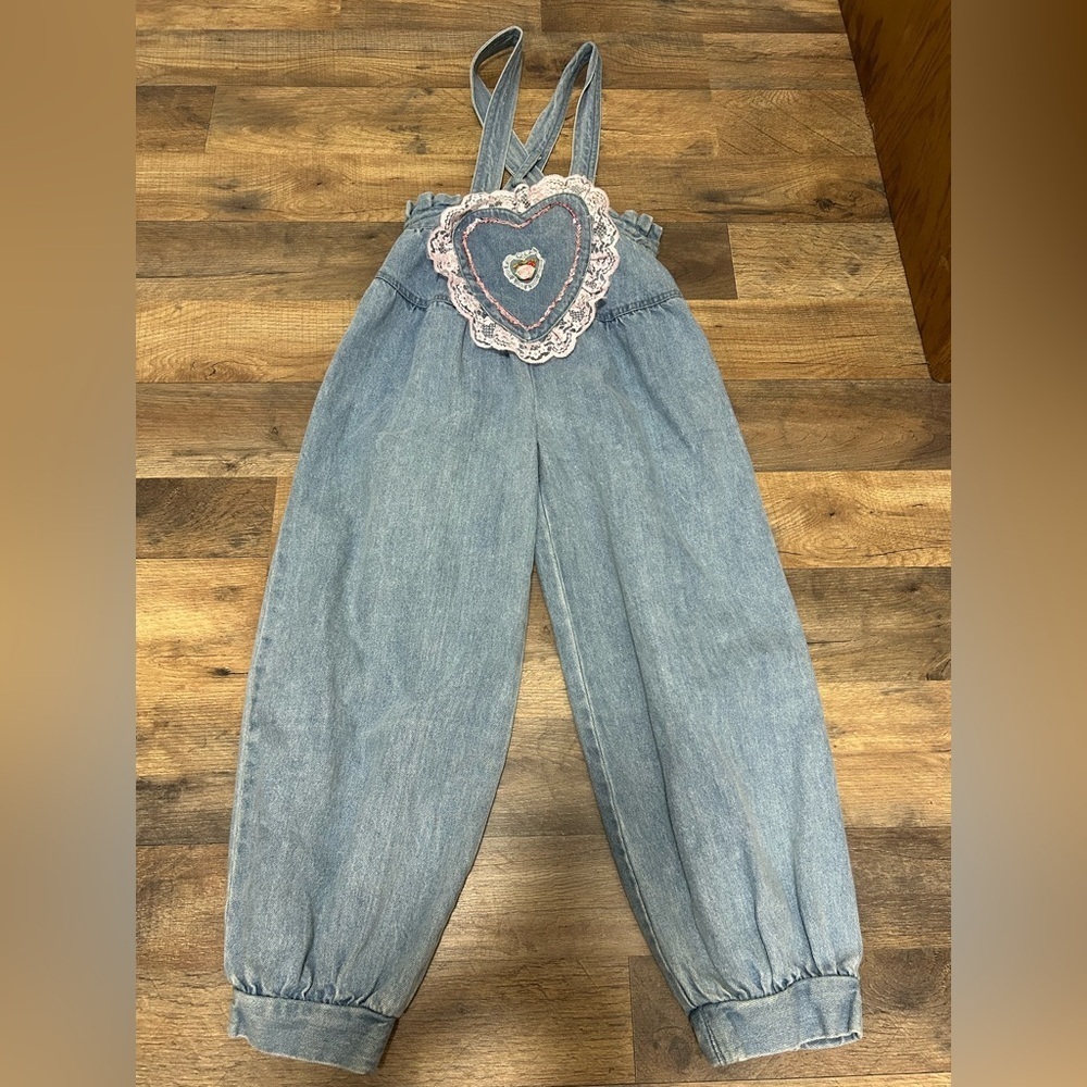 Vintage Blue Denim Kids Jumpsuit with Heart Detail 100%Cotton